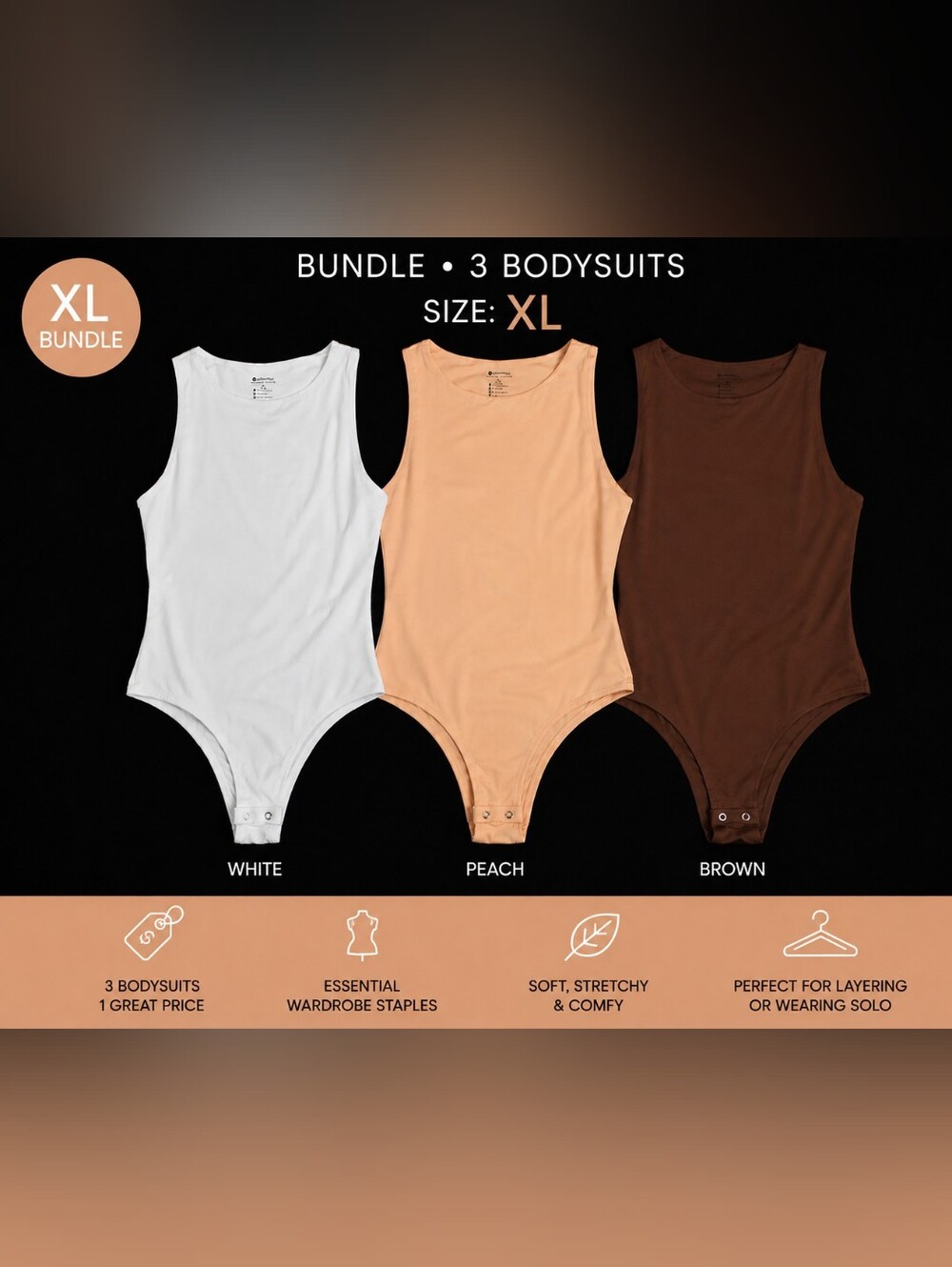 CYANSTYLE Bodysuits-include 3 Bodysuits 1 Brown, 1 Peach, 1 White. All New SZ XL